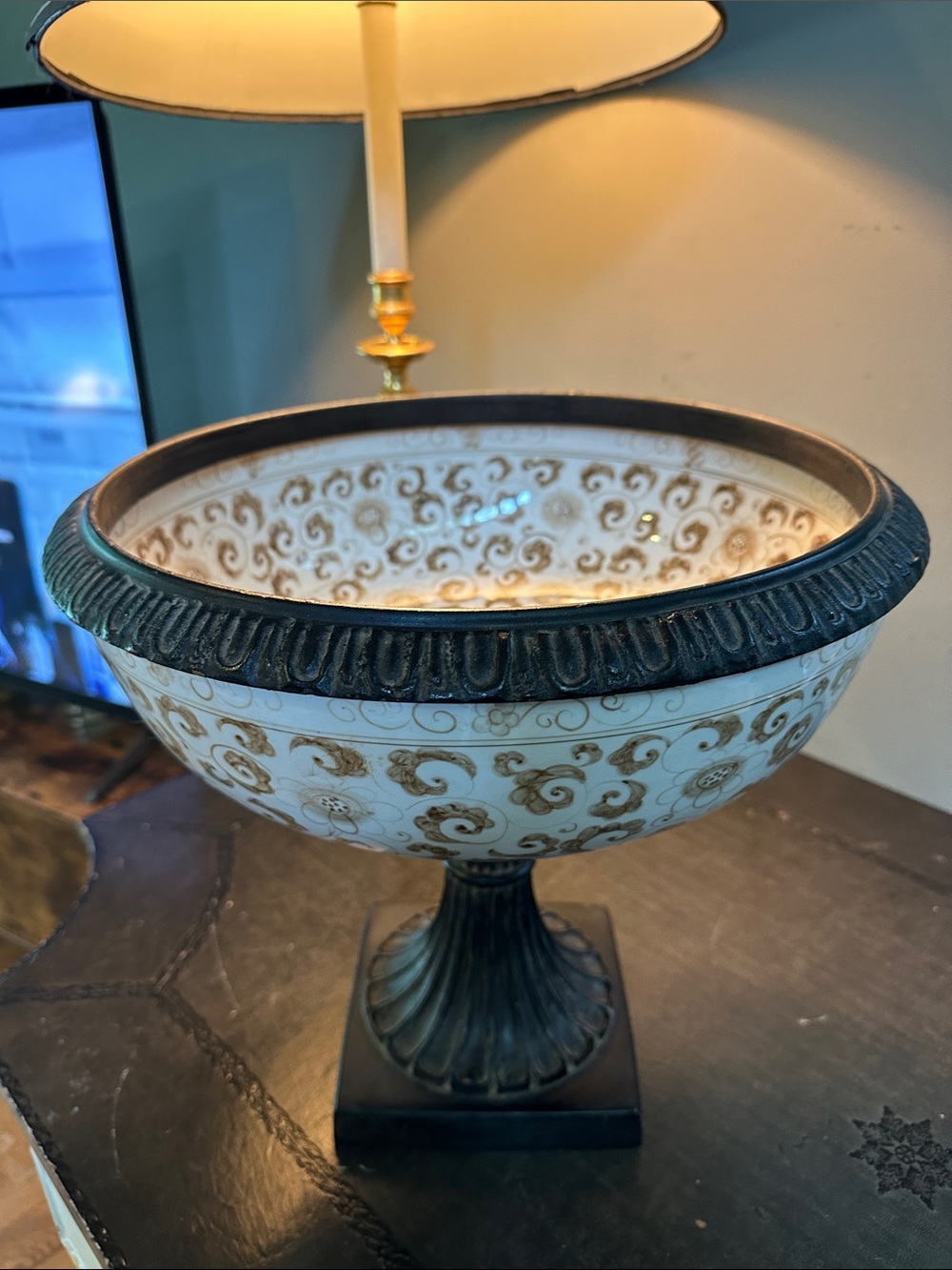 Mainland Smith Porcelain Pedestal Centerpiece Bowl - Bronzed Base Mint
